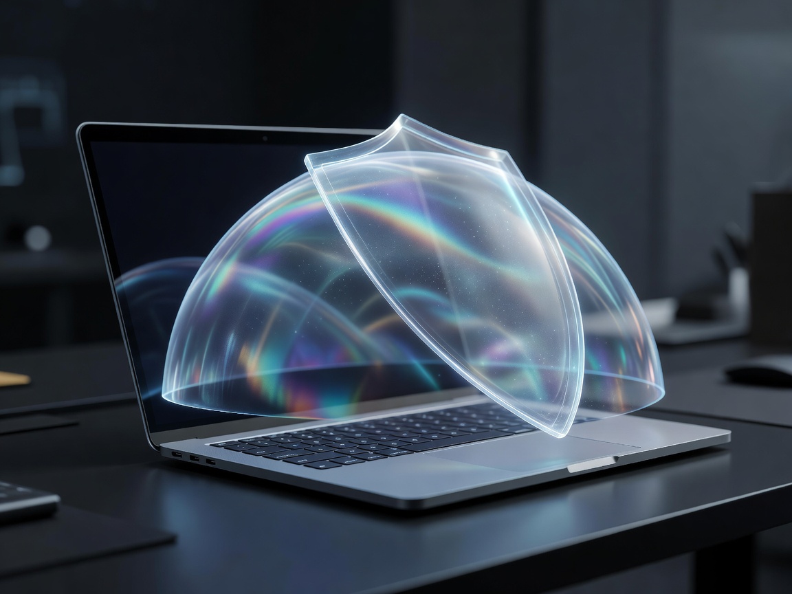 Holographic shield over a modern laptop representing endpoint security